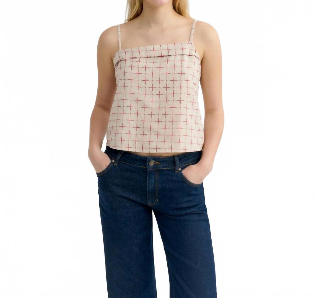 NEW THINKING MU lattice raida top in oatmeal with red